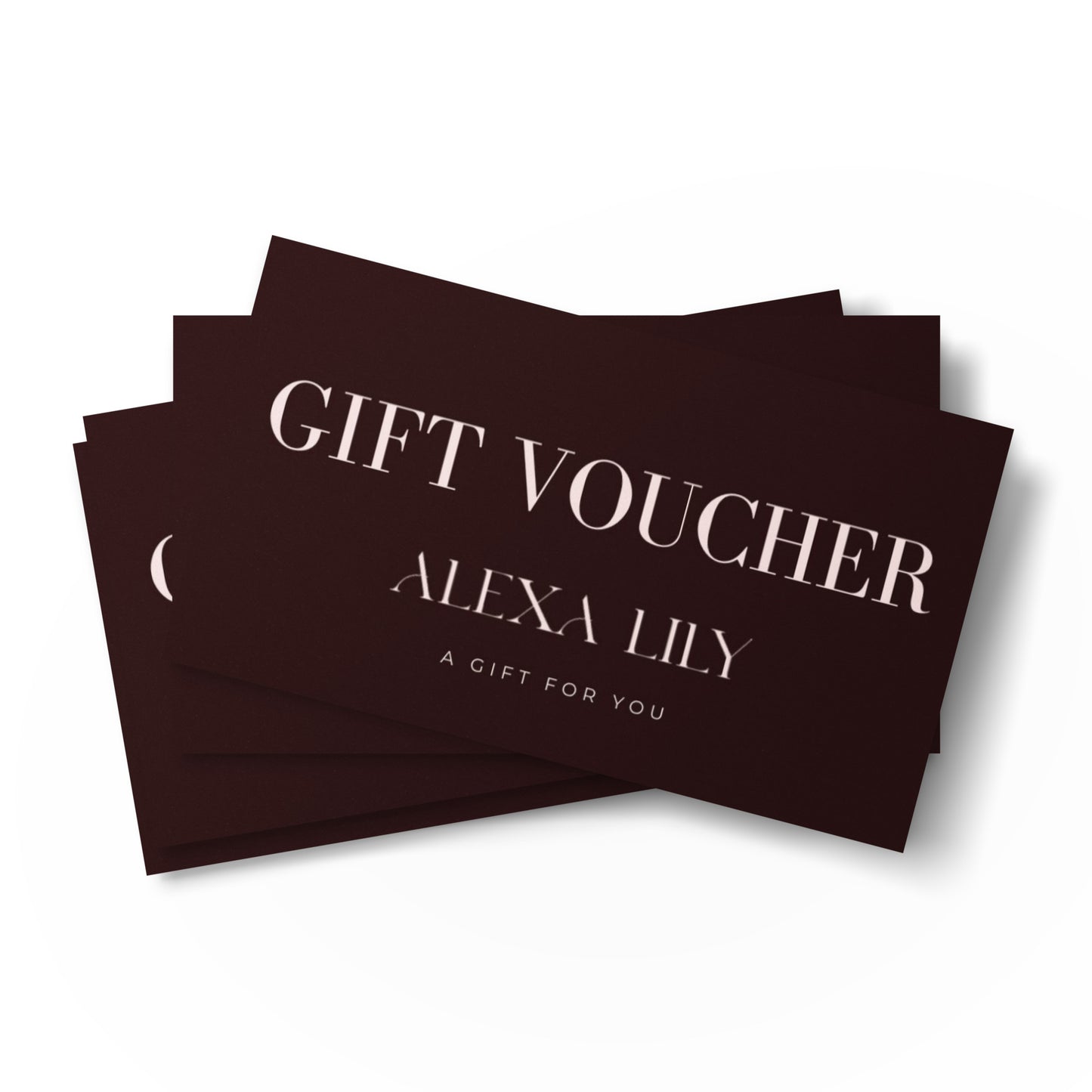Alexa Lily South Africa gift cards styled as dark brown gift vouchers with elegant white text
