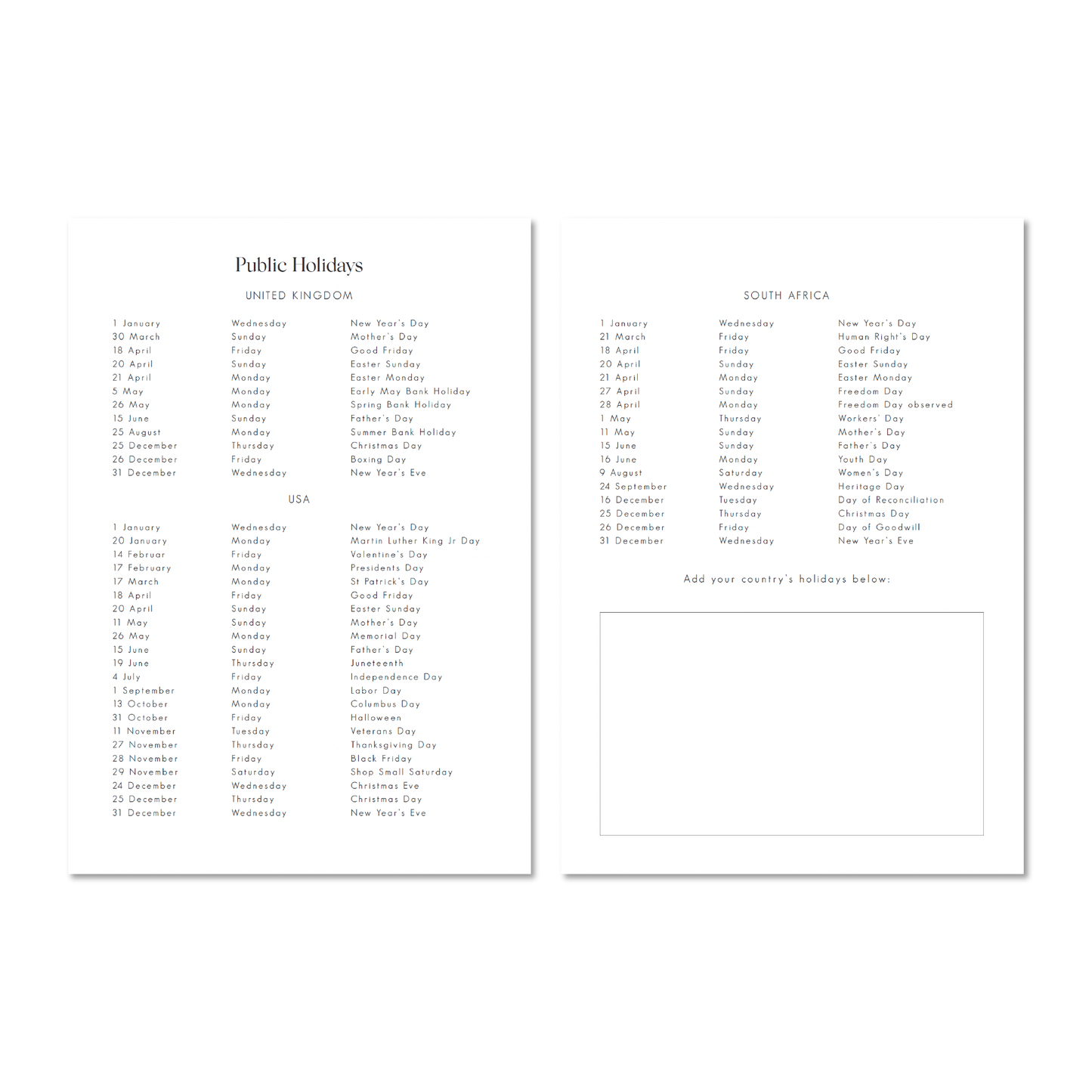 Pages listing public holidays in UK USA and South Africa from The Poppy's Delight Cover 2025 Planners by Alexa Lily