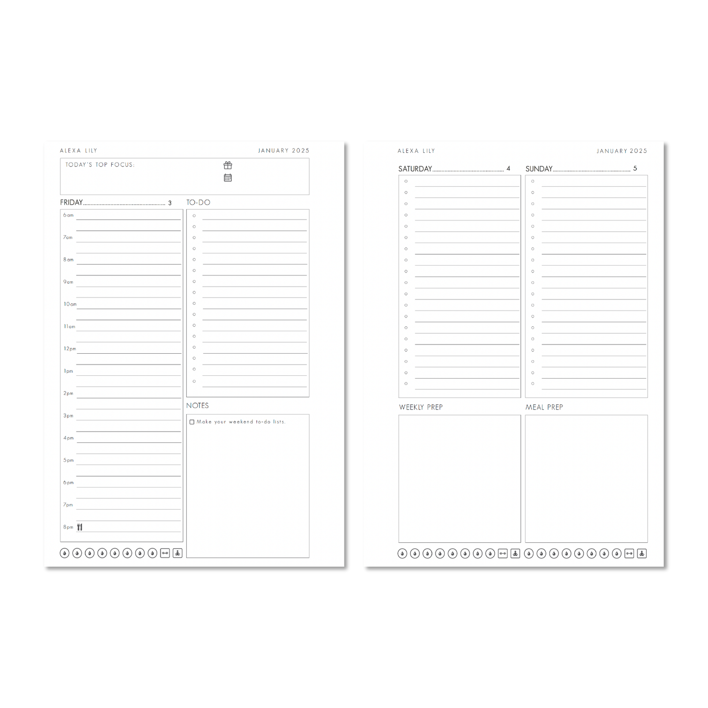 Open pages of The Daily Edit - 2025 Planner by Alexa Lily showing daily schedule and to-do list layout