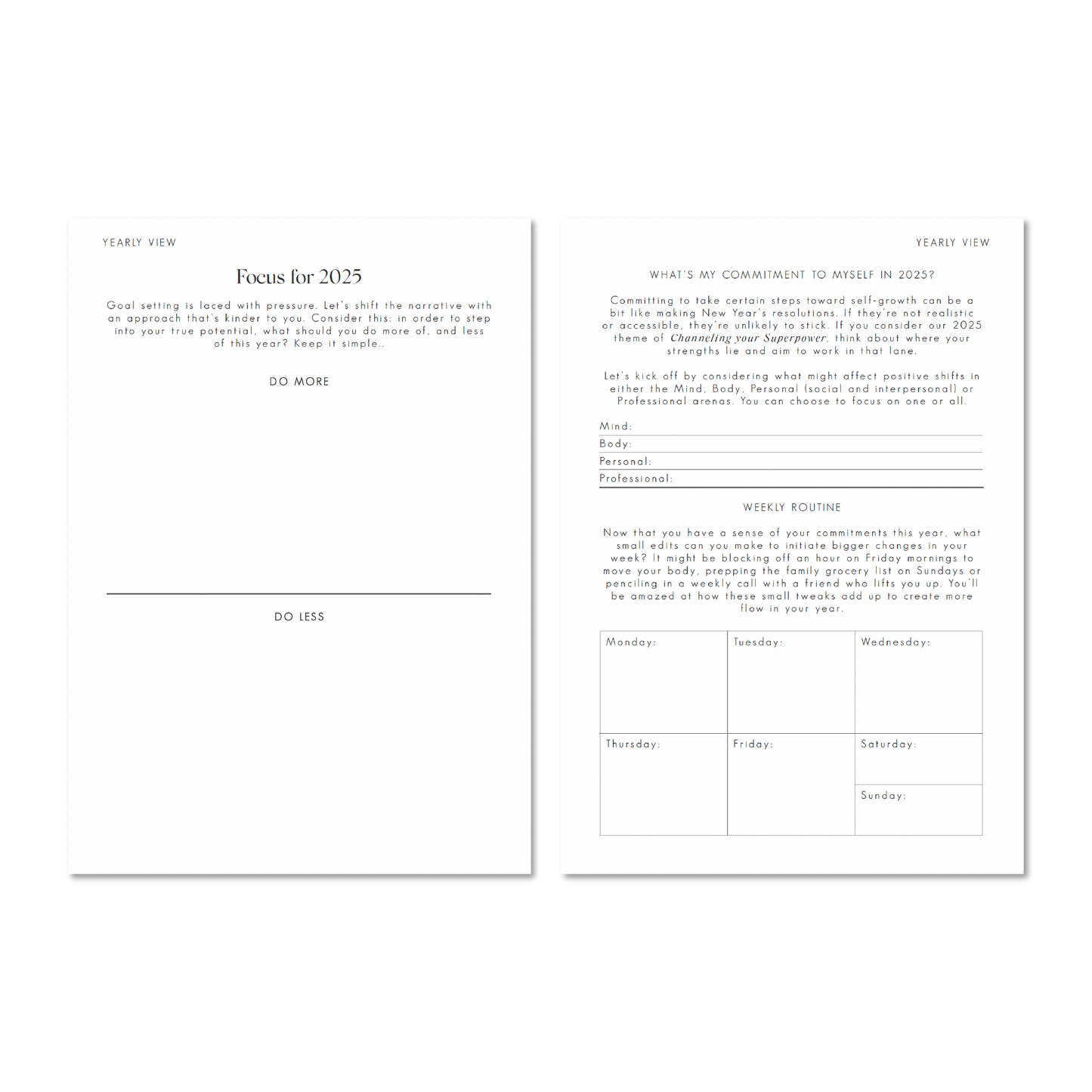 The Daily Edit - 2025 Planner by Alexa Lily featuring yearly focus and weekly routine layout pages