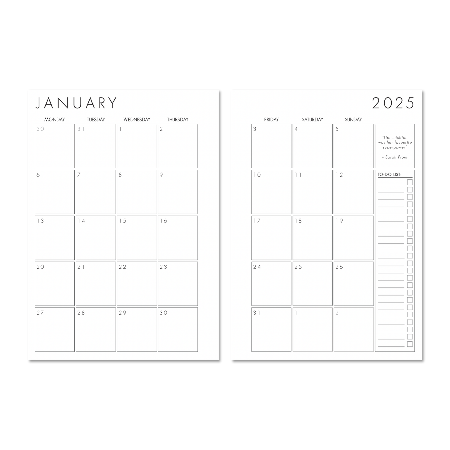 The Monthly Edit - 2025 Planner with minimalist January calendar layout and to-do list section