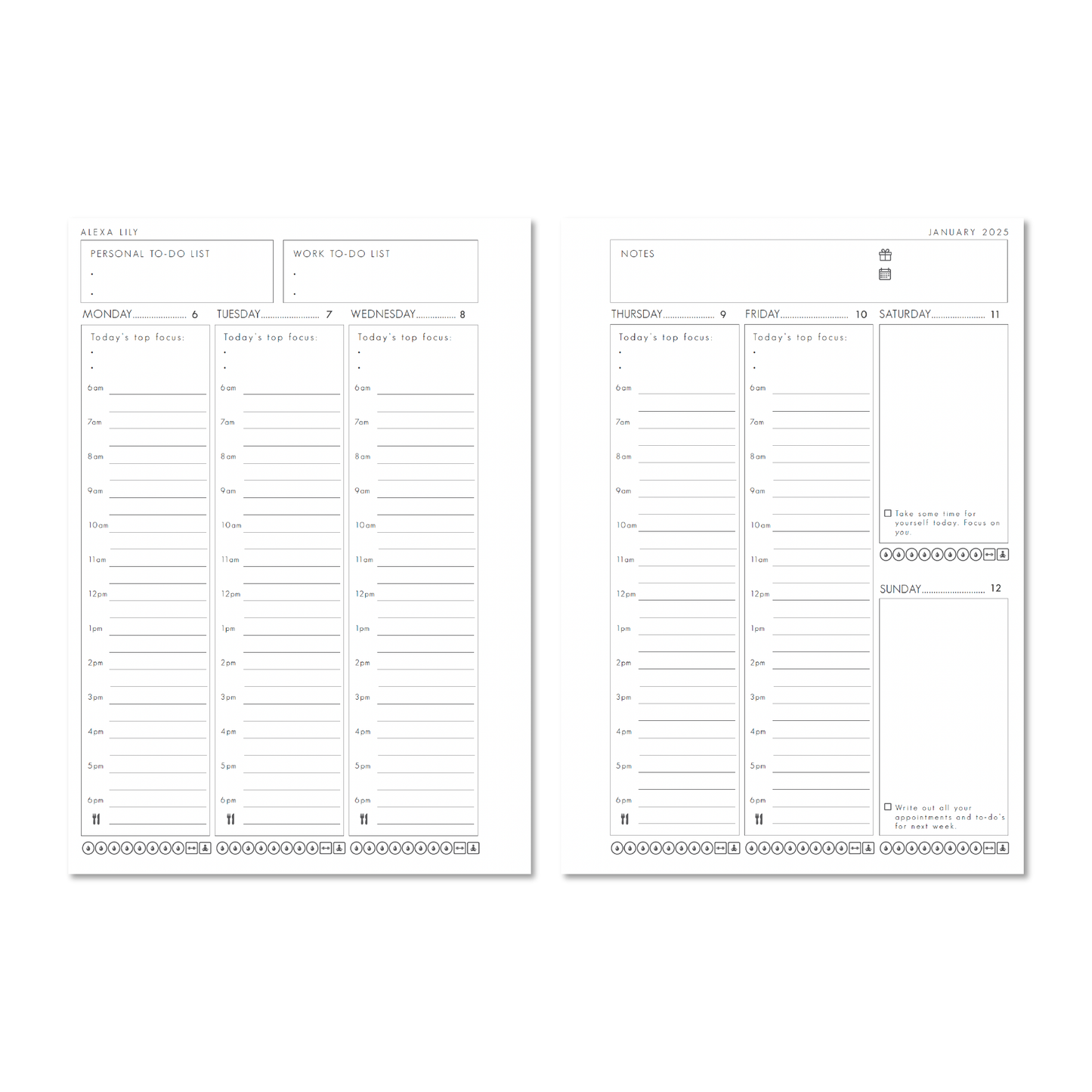 Open pages of Alexa Lily The Weekly Edit - 2025 Planner showing weekly schedule with hourly time slots and to-do lists
