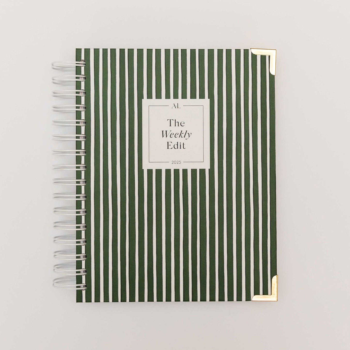 Alexa Lily The Weekly Edit - 2025 Planner with green and white vertical stripes and gold corner protectors
