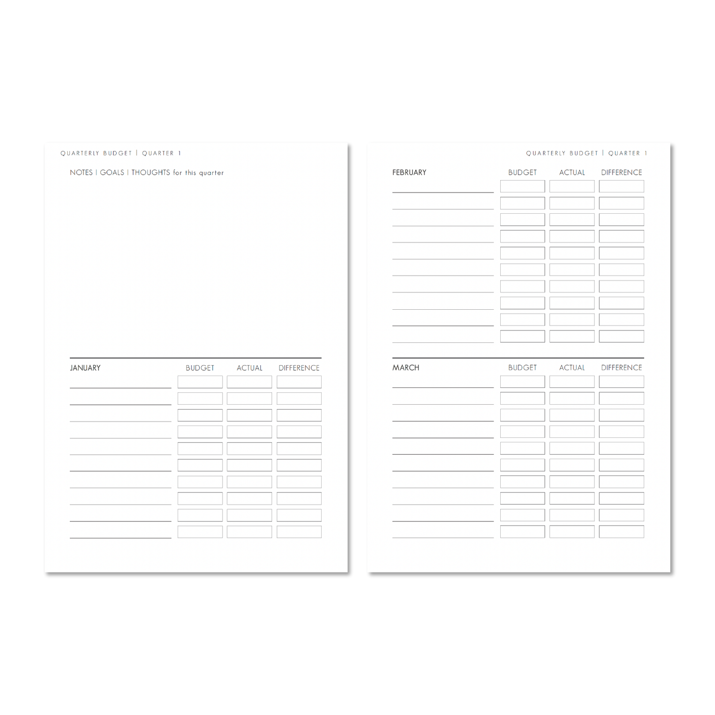 The Weekly Edit - 2025 Planner budget tracking pages with sections for notes goals and monthly budget actual and difference