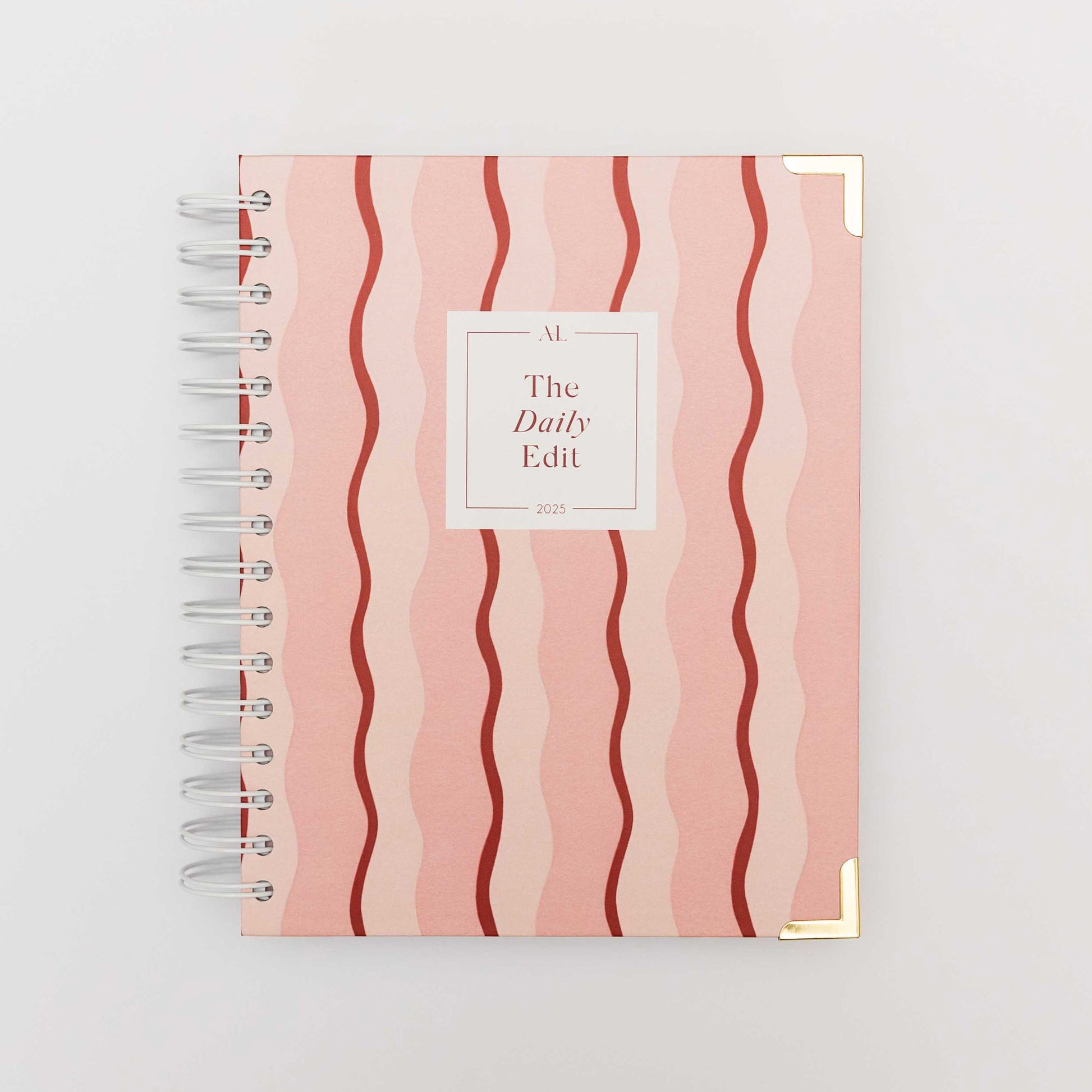 Alexa Lily planner with The Wave Hello Cover - 2025 Planners featuring pink wavy stripes and gold corner protectors