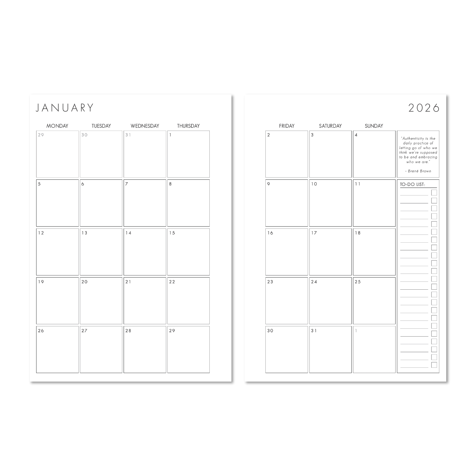 Alexa Lily 2026 monthly planner South Africa with blank calendar layout for organizing events