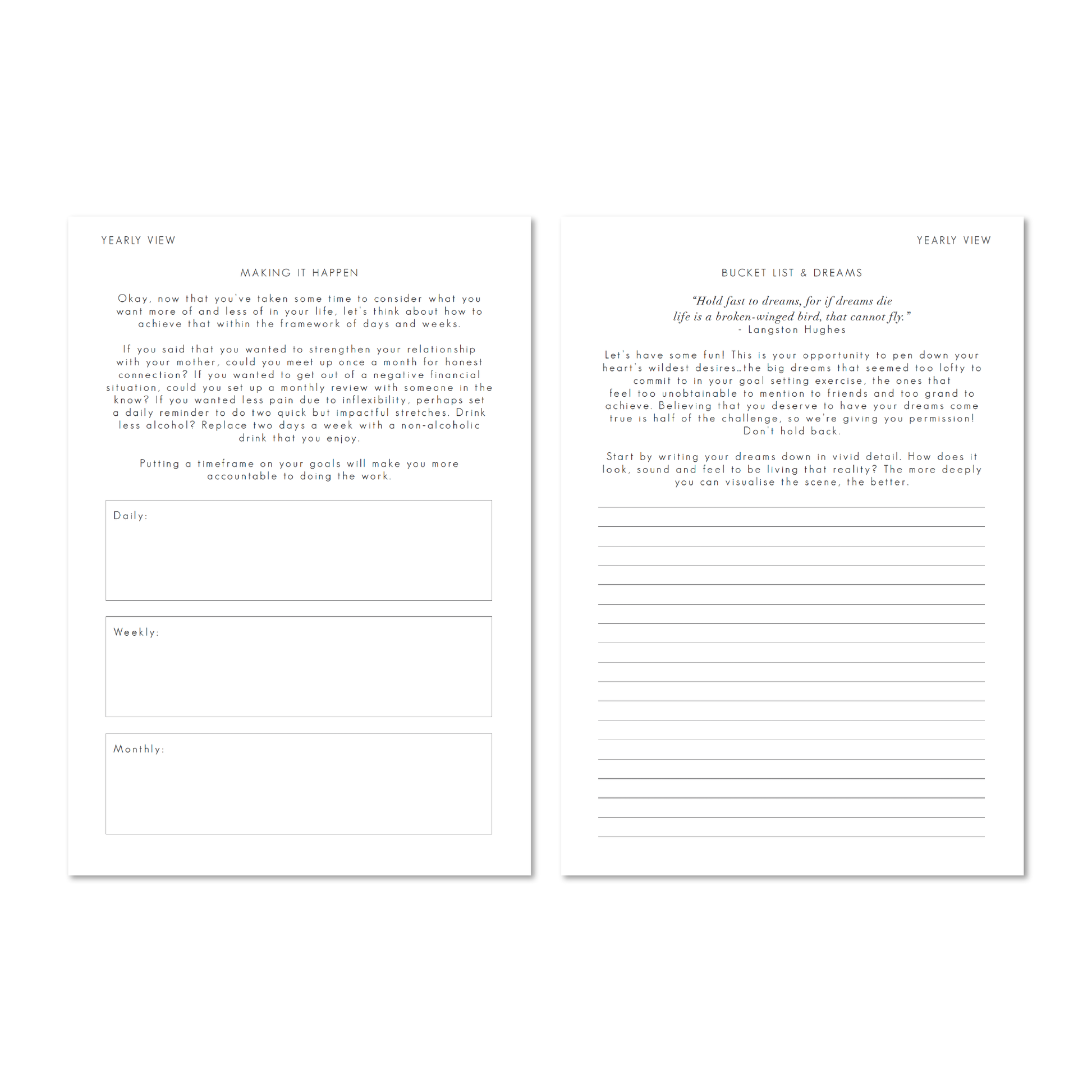 Pages from the Alexa Lily 2026 monthly planner South Africa featuring a yearly view and goal setting sections