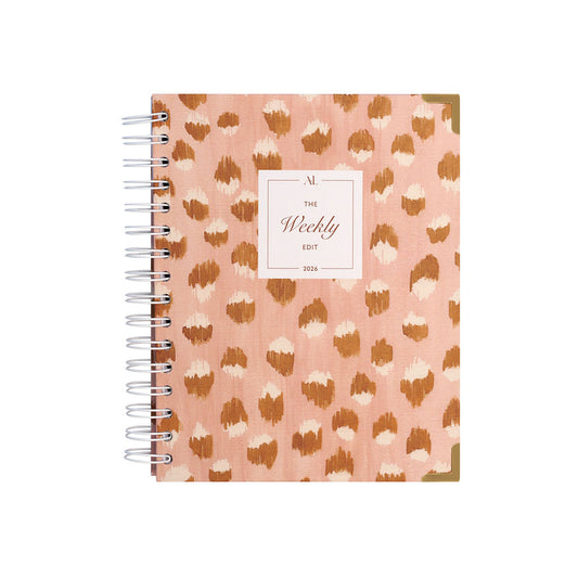 Alexa Lily 2026 weekly planner with a chic pink leopard print cover and spiral binding
