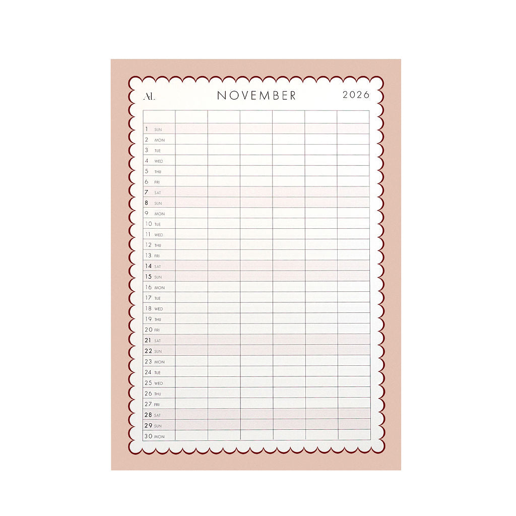 November 2026 monthly family organiser calendar with spacious layout for planning family activities