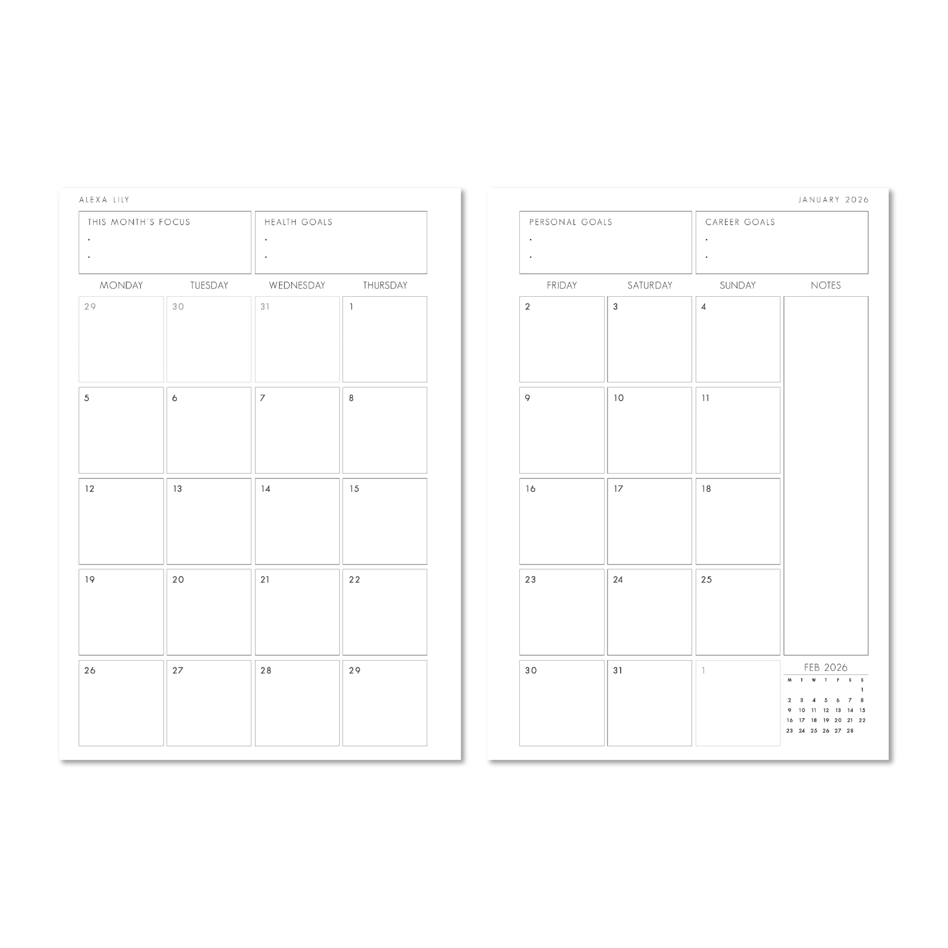 Alexa Lily 2026 daily planner South Africa featuring monthly overview and goal-setting pages