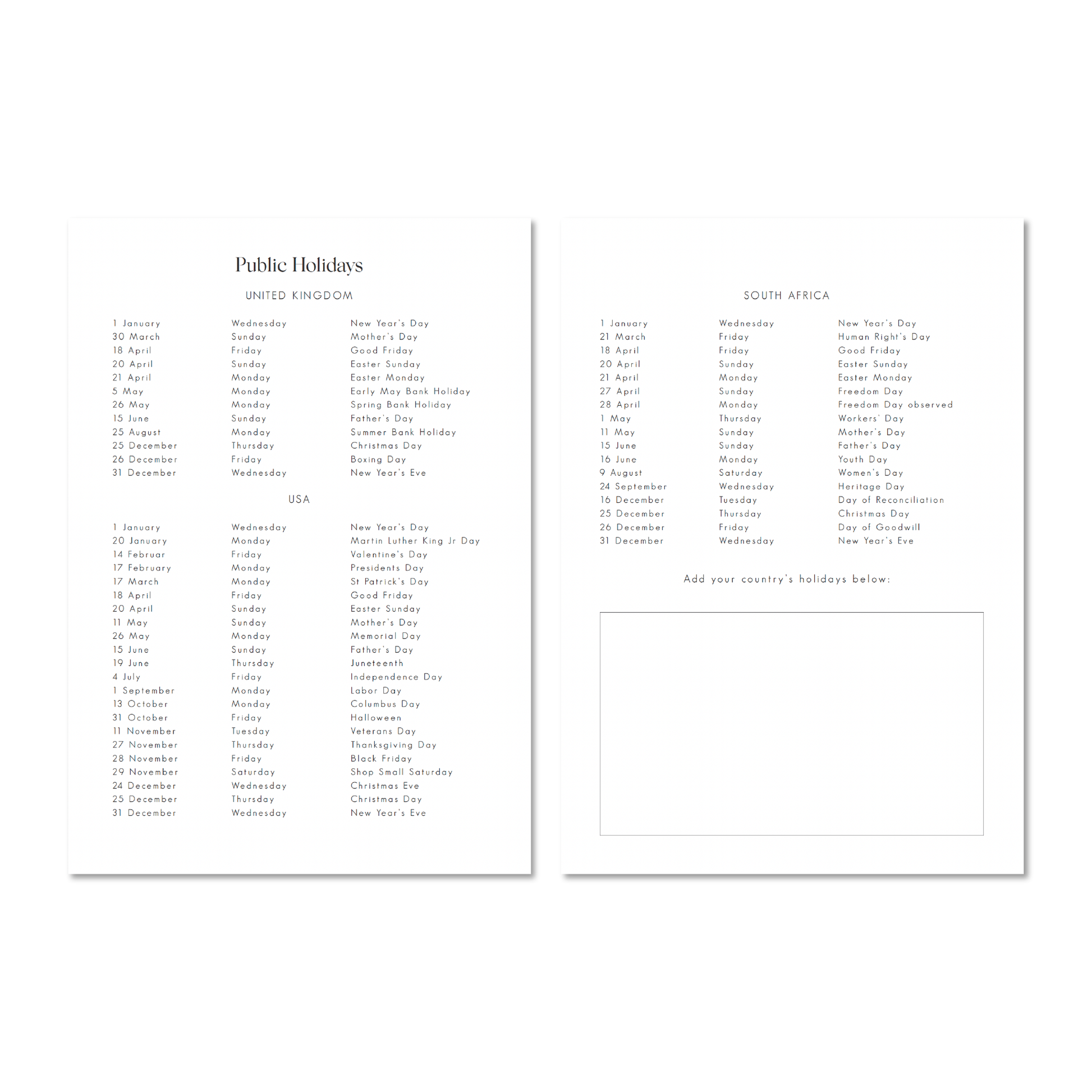 Pages listing public holidays in UK USA and South Africa from The Poppy's Delight Cover 2025 Planners by Alexa Lily