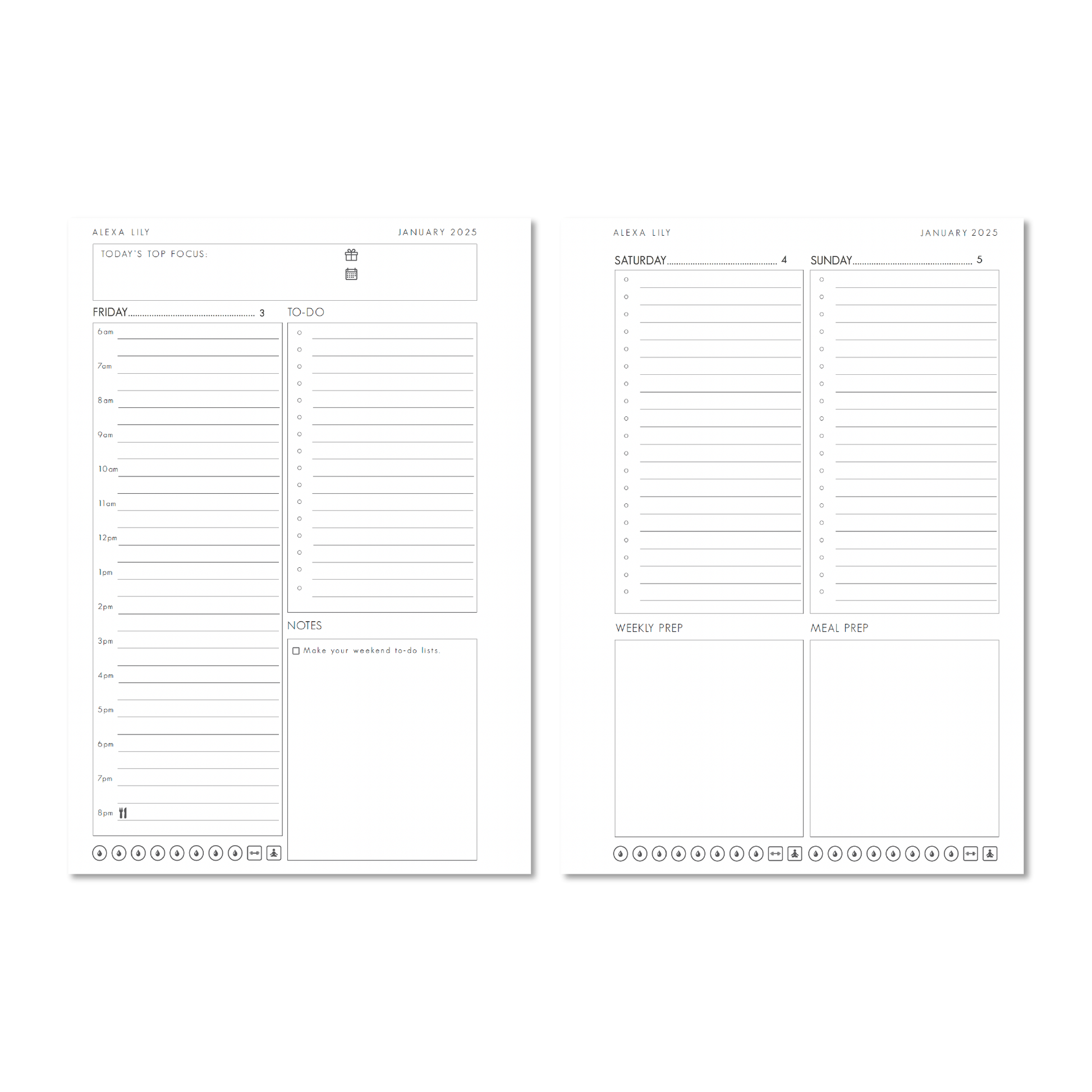 Open pages of The Daily Edit - 2025 Planner by Alexa Lily showing daily schedule and to-do list layout