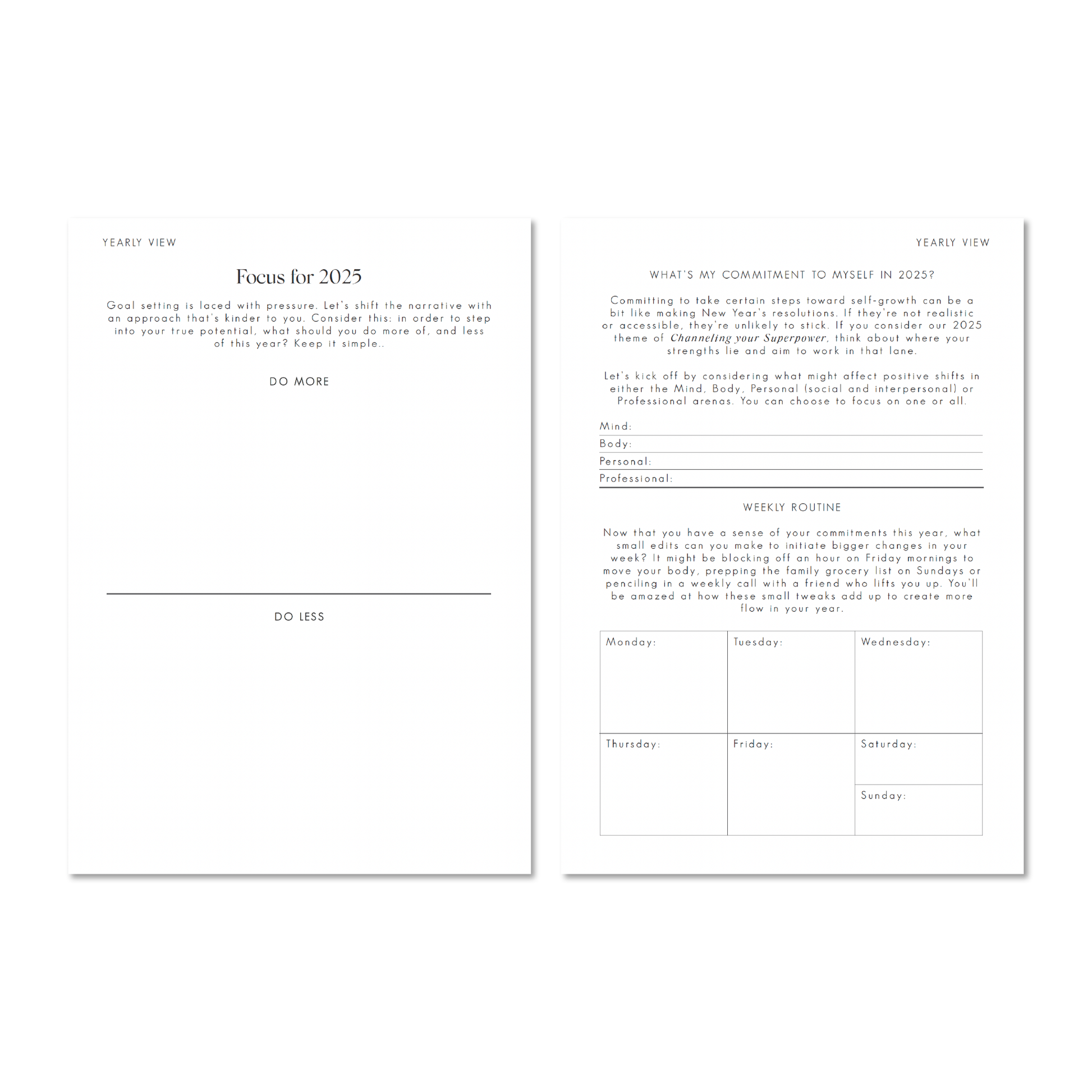 The Daily Edit - 2025 Planner by Alexa Lily featuring yearly focus and weekly routine layout pages