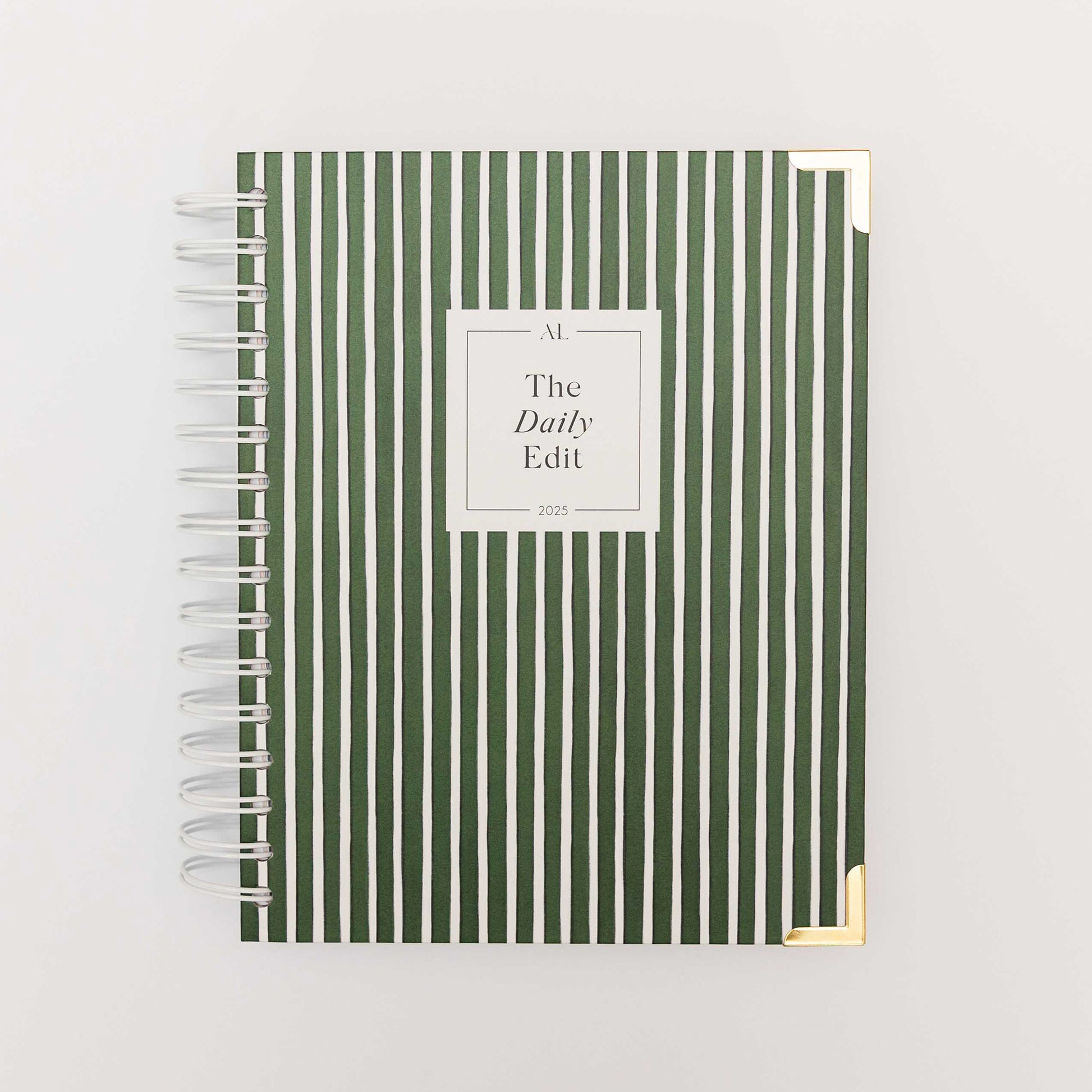 Alexa Lily The Daily Edit 2025 Planner with green and white vertical stripes and gold corner protectors
