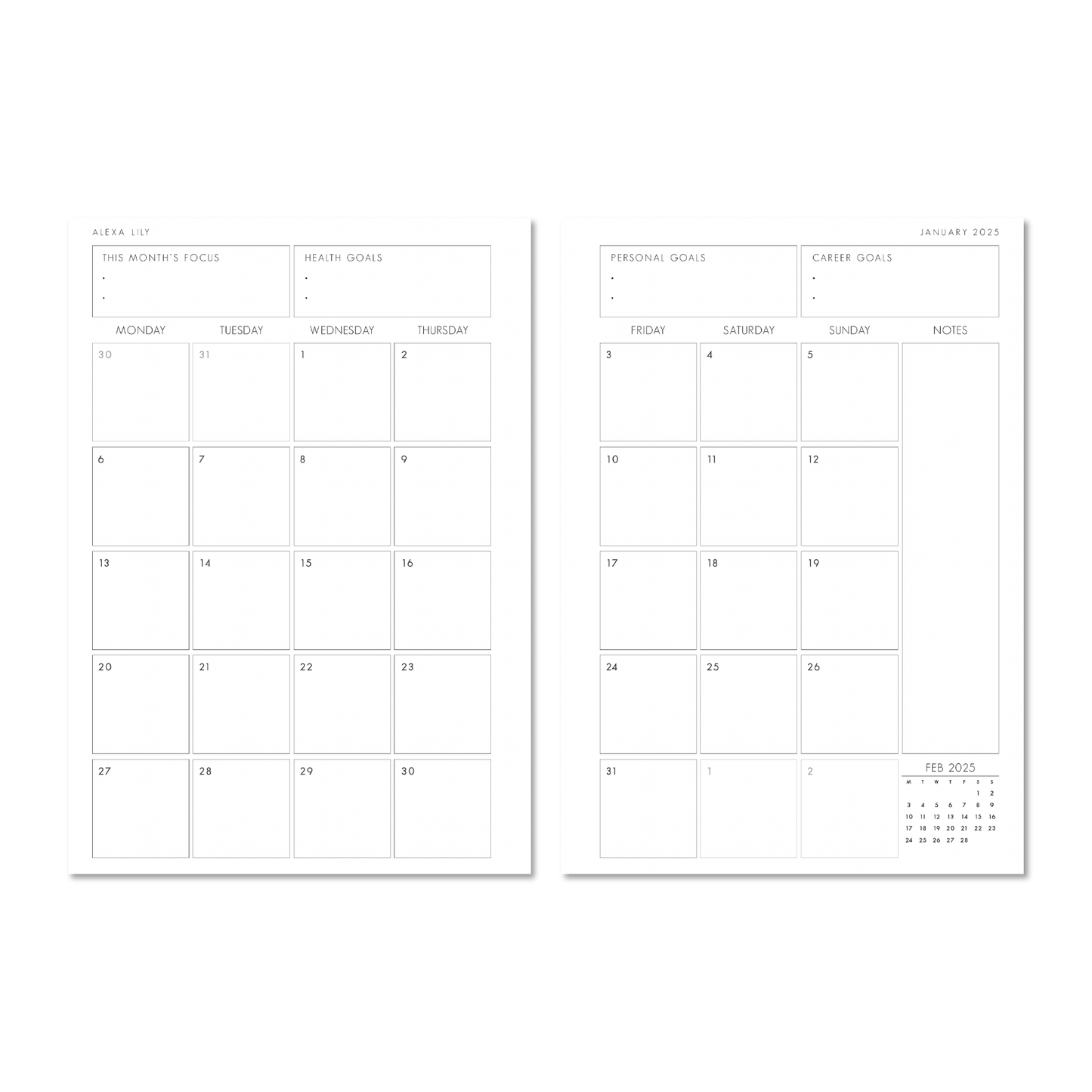 The Daily Edit - 2025 Planner monthly calendar pages with focus and goal sections by Alexa Lily