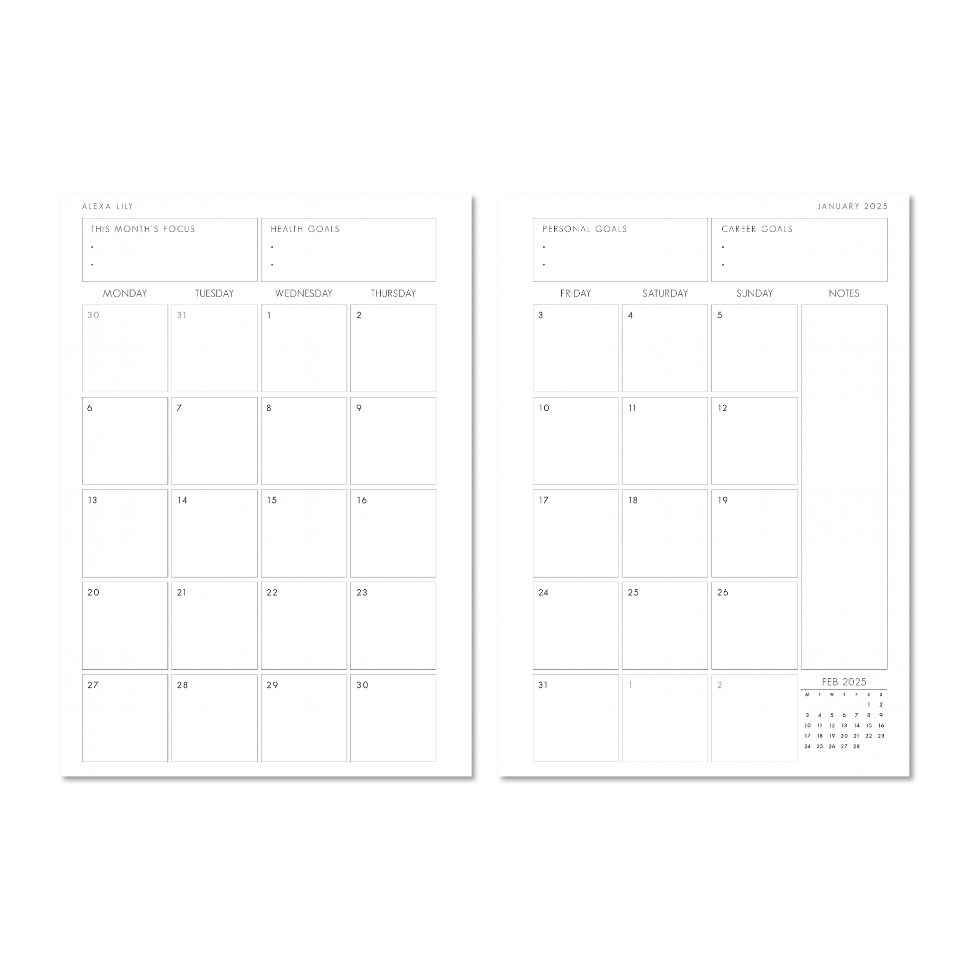 The Daily Edit - 2025 Planner monthly calendar pages with focus and goal sections by Alexa Lily
