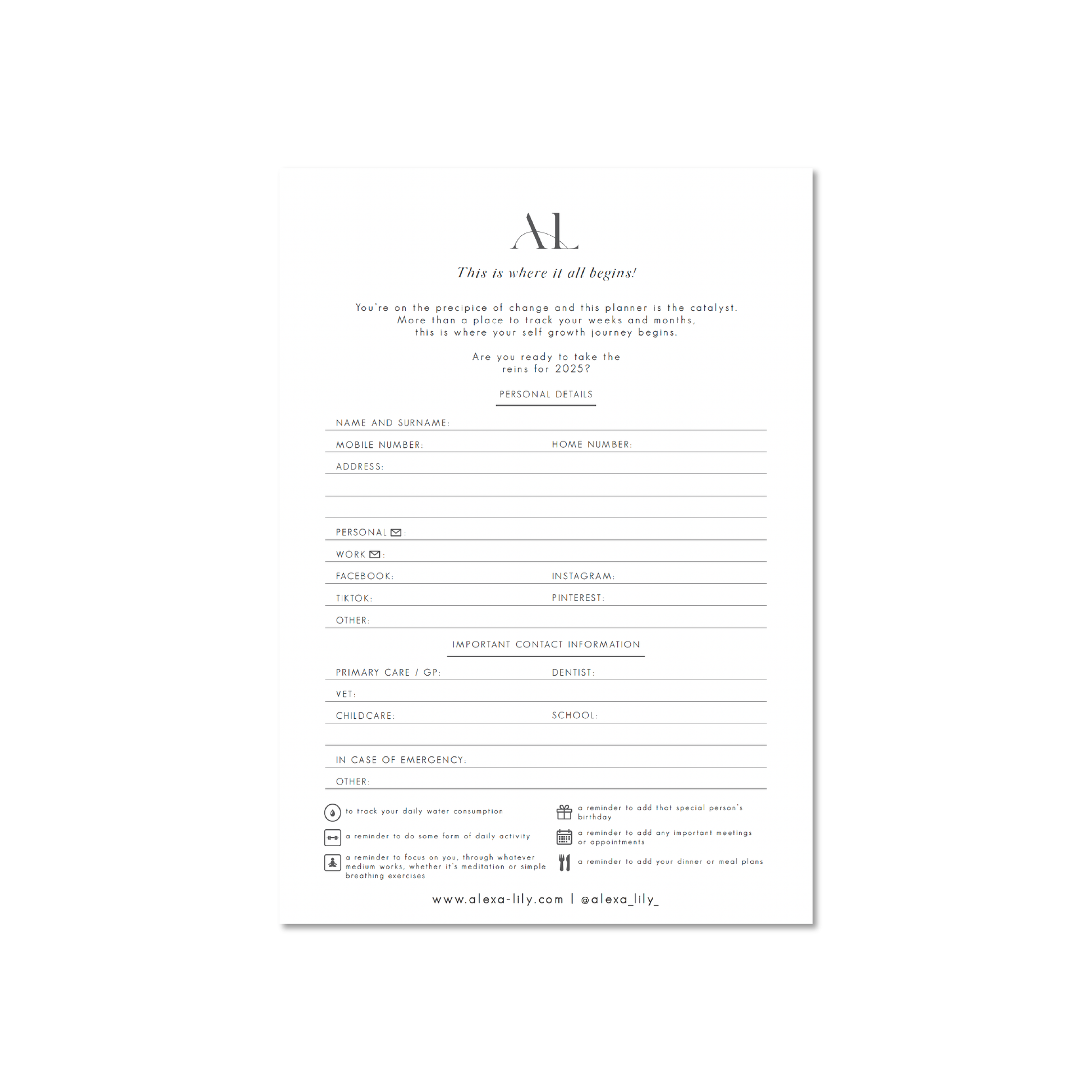 The Daily Edit - 2025 Planner personal details page by Alexa Lily with space for contact and emergency info