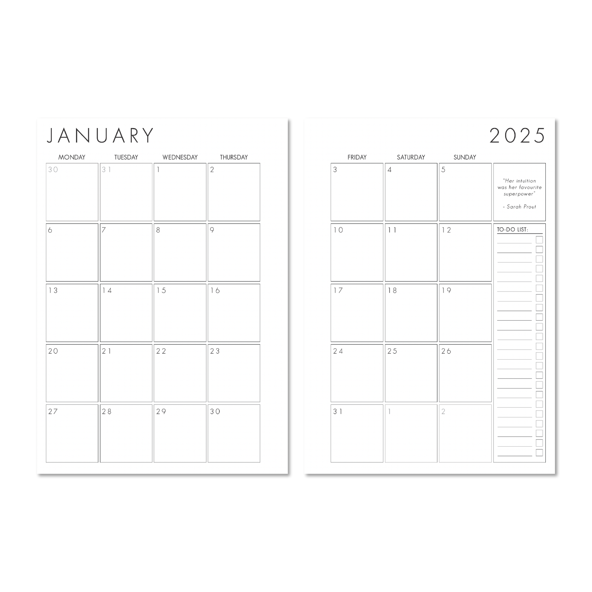 The Monthly Edit - 2025 Planner with minimalist January calendar layout and to-do list section