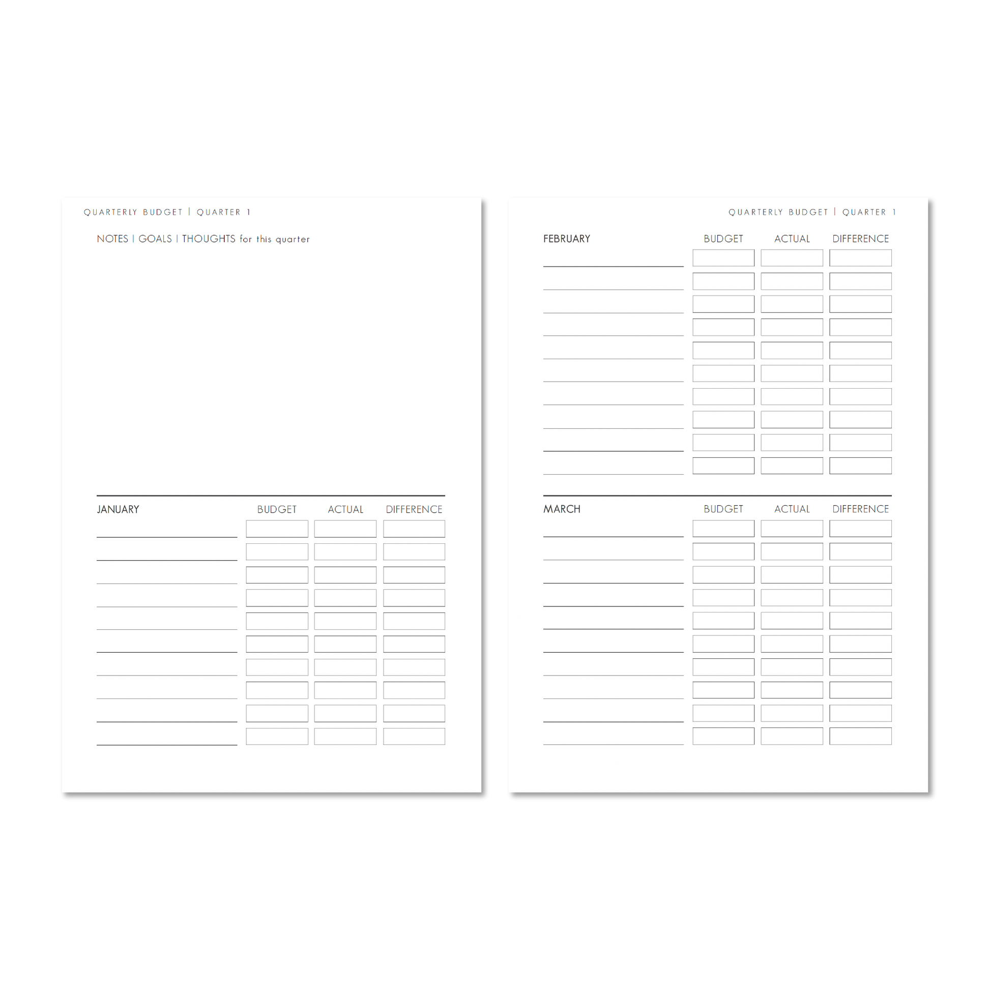 The Weekly Edit - 2025 Planner budget tracking pages with sections for notes goals and monthly budget actual and difference